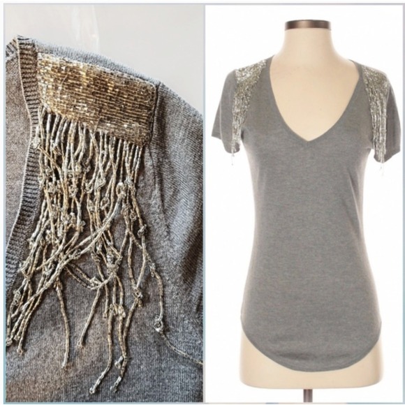 Magaschoni Gray Cashmere Beaded Fringe Shoulder V-Neck Luxury Top Short Sleeve M